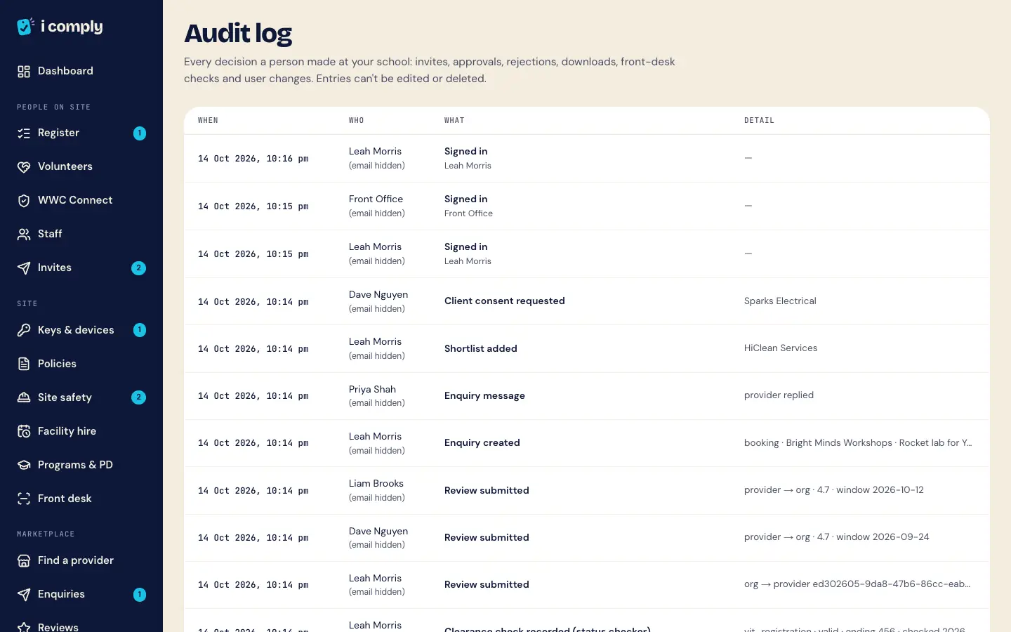 The audit log table with columns When, Who, What and Detail, listing sign-ins, enquiries, reviews and clearance checks by demo users, with email addresses hidden.