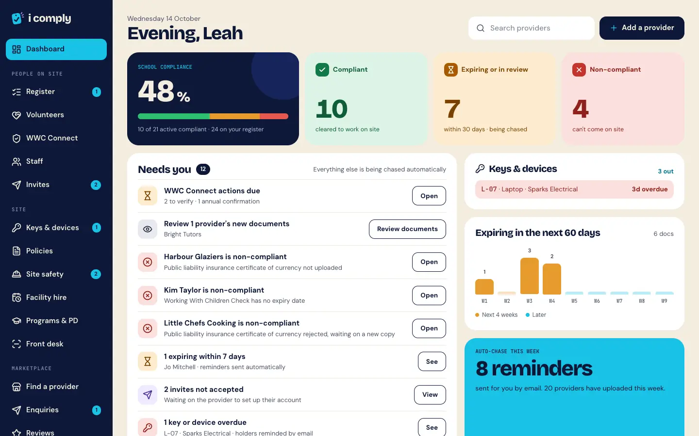 The iComply dashboard for the demo school Bayside Primary: 48% compliant, 10 providers compliant, 7 expiring or in review, 4 non-compliant, and a Needs you list with items such as reviewing new documents.