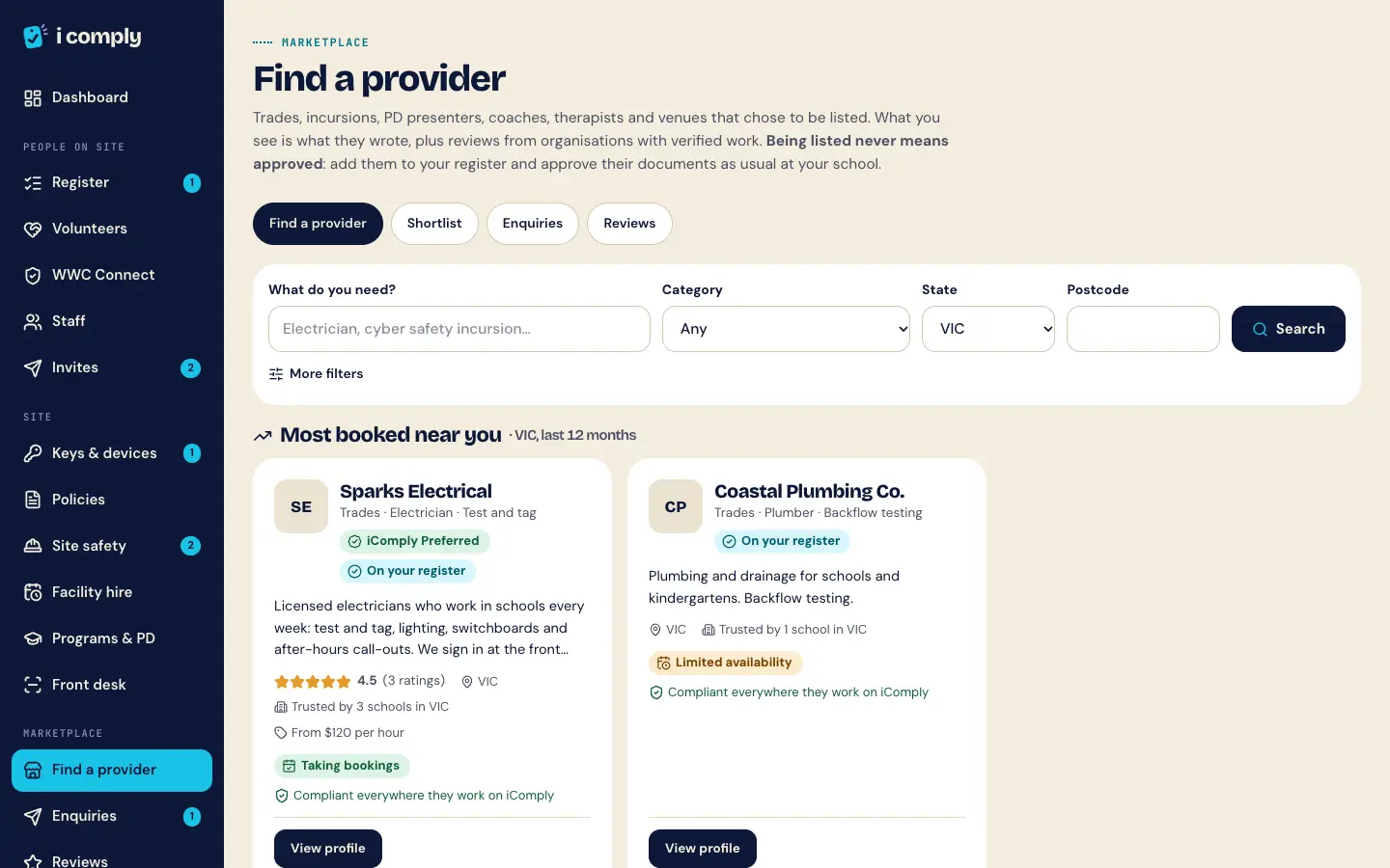 The Find a provider screen with search fields for need, category, state and postcode, and two demo provider cards, Sparks Electrical and Coastal Plumbing Co.