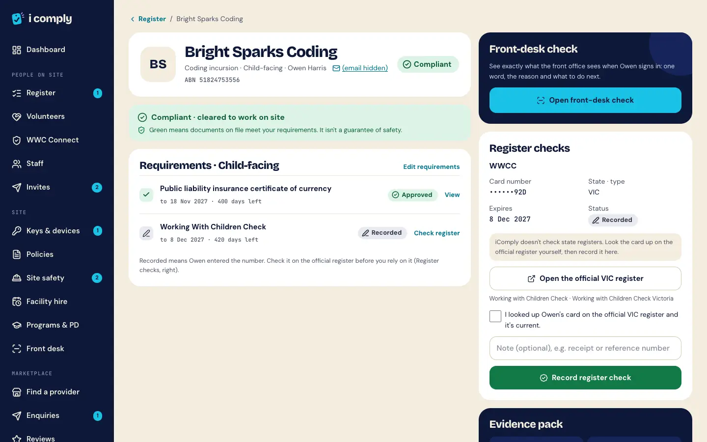 A demo provider profile, Bright Sparks Coding, marked Compliant: public liability approved to November 2027, a Working With Children Check recorded, and a panel for recording the official register check.
