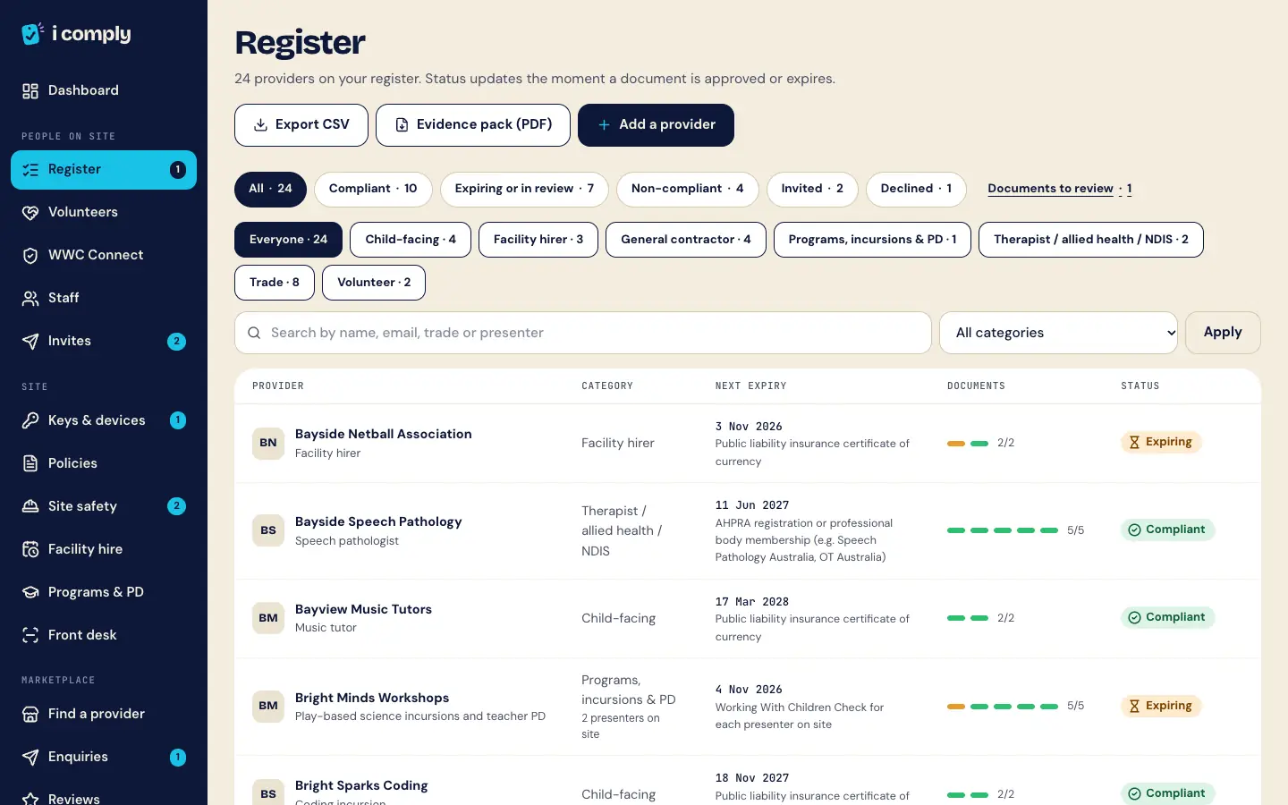 The provider register listing 24 demo providers with category, next expiry date, document progress bars and a status chip such as Compliant or Expiring.