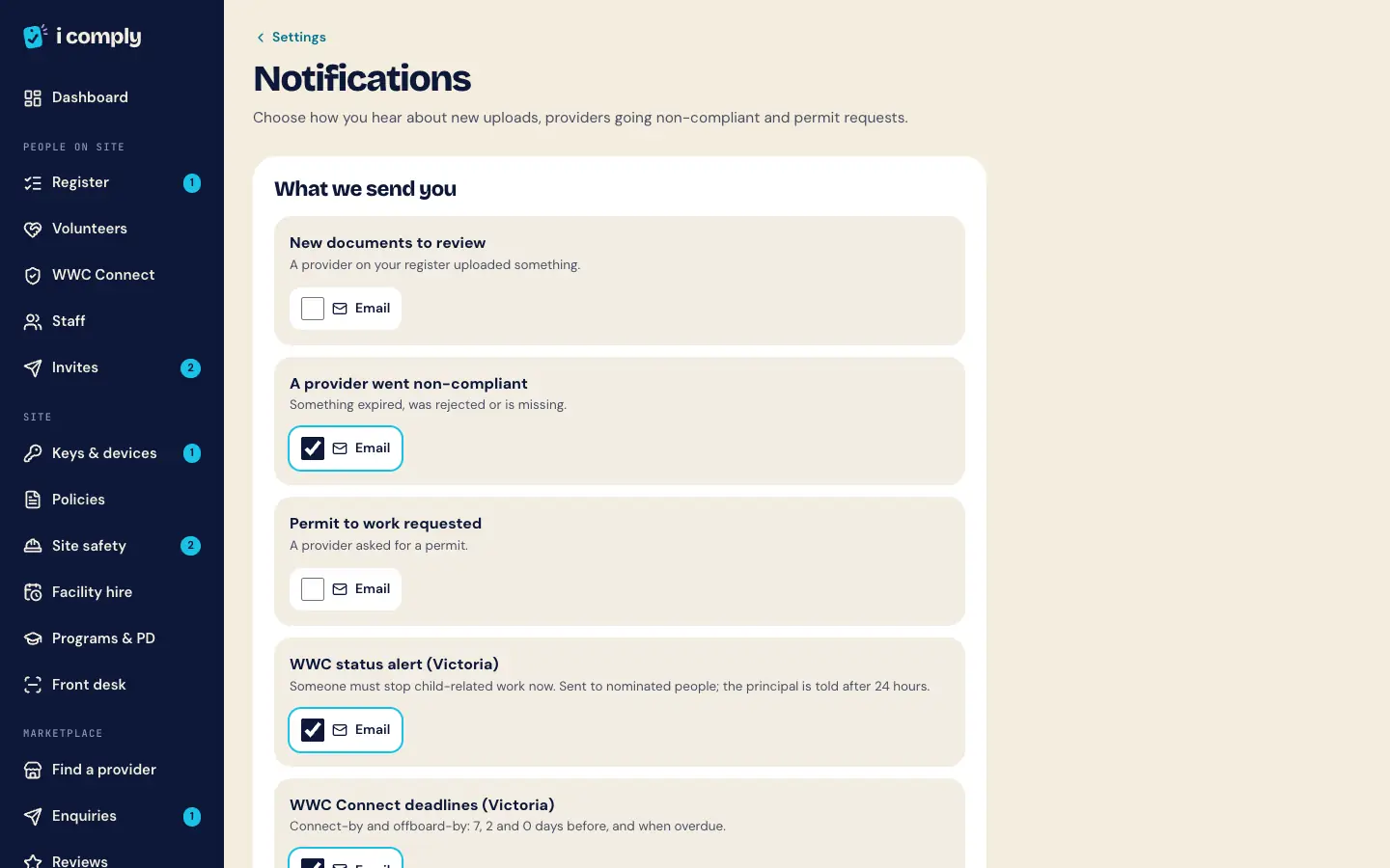 The notification settings screen with email checkboxes for new documents to review, a provider going non-compliant, permit requests, WWC status alerts and WWC Connect deadlines.
