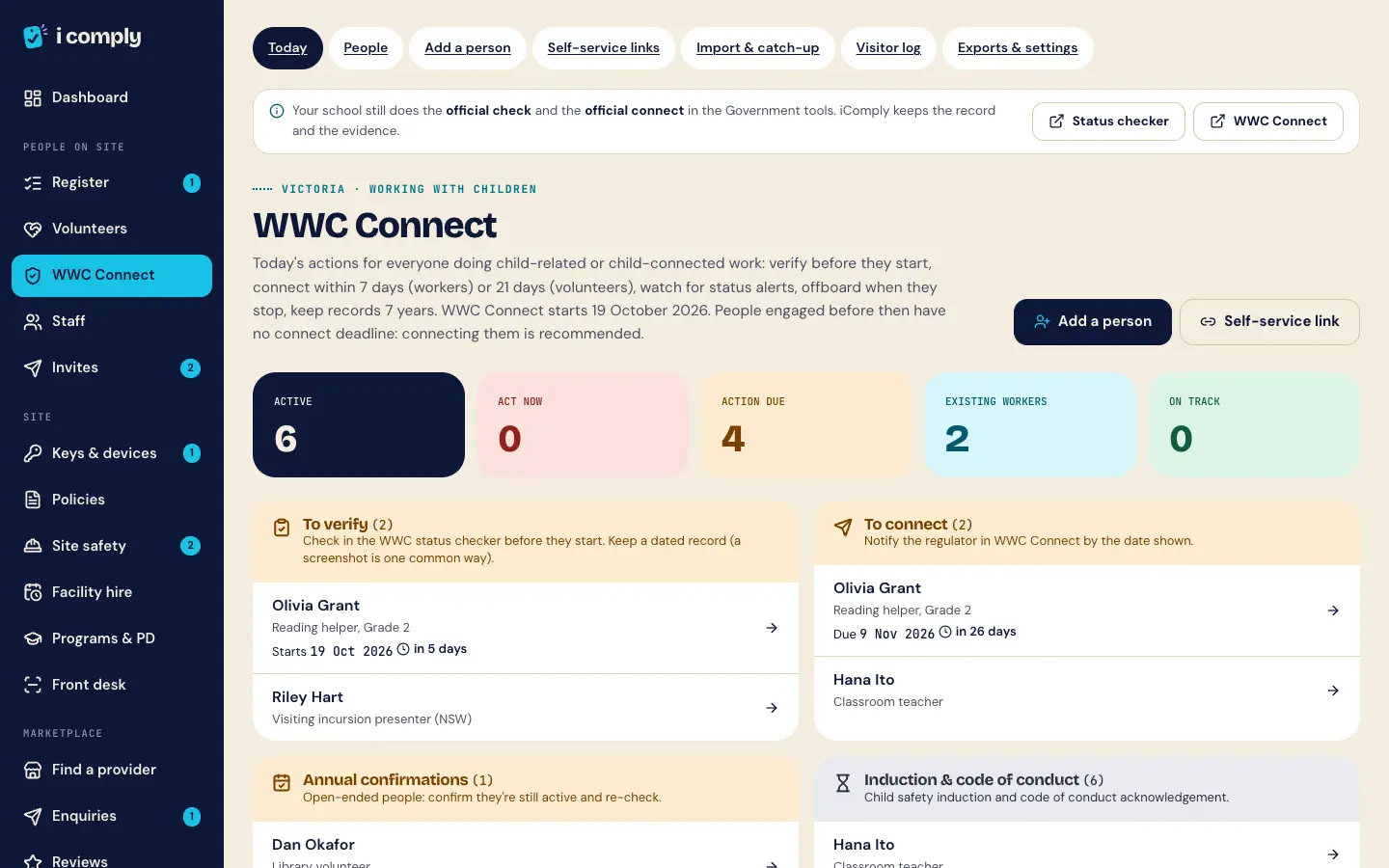 The WWC Connect screen for Victoria showing counts of active people and actions due, with lists headed To verify and To connect, each person shown with a due date.